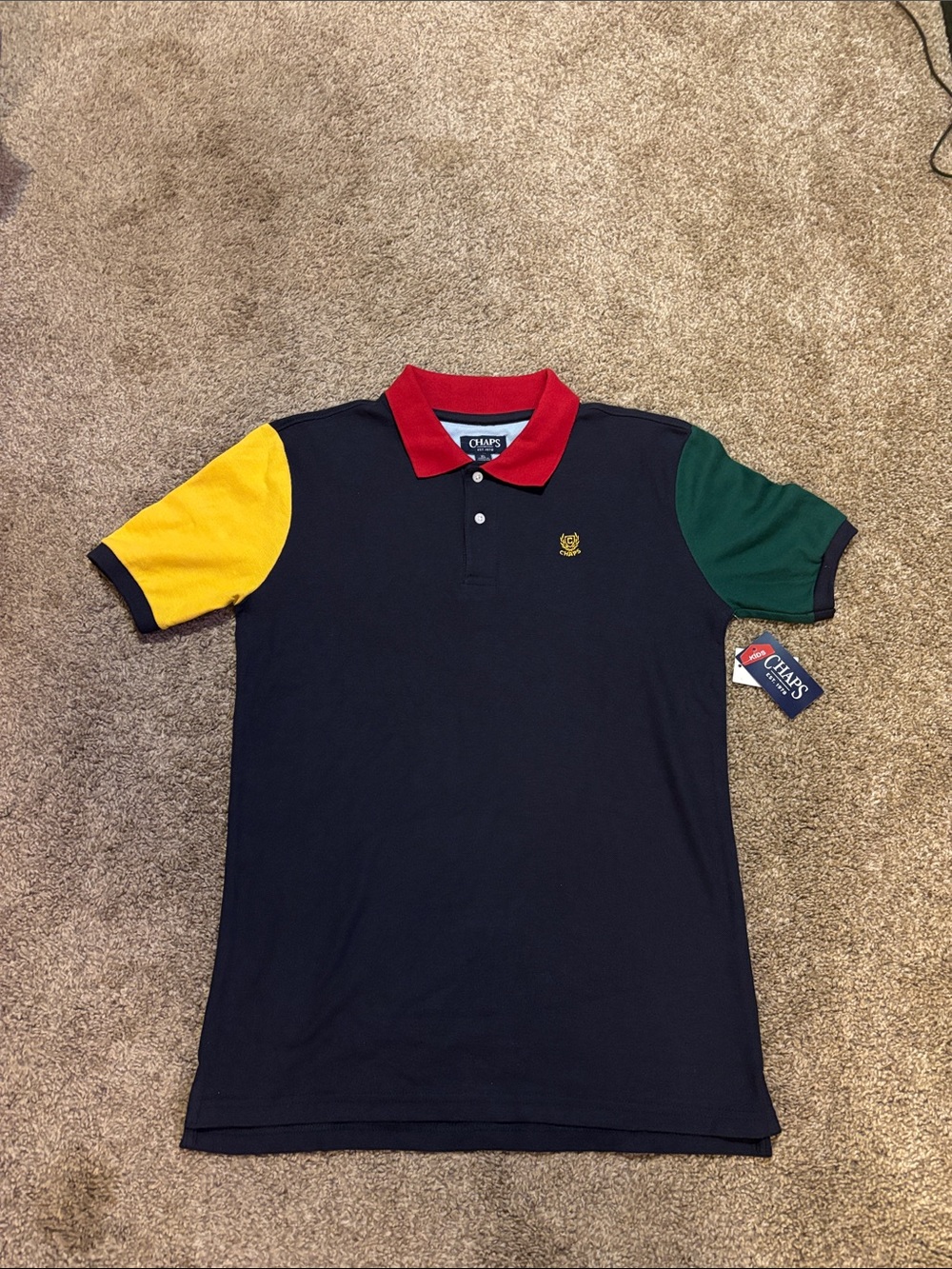Boys Chaps Colorblock Polo - Navy Body with Red Collar, Yellow & Green Sleeves
